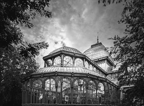 Grayscale Photo of Crystal Palace in Madrid, Spain