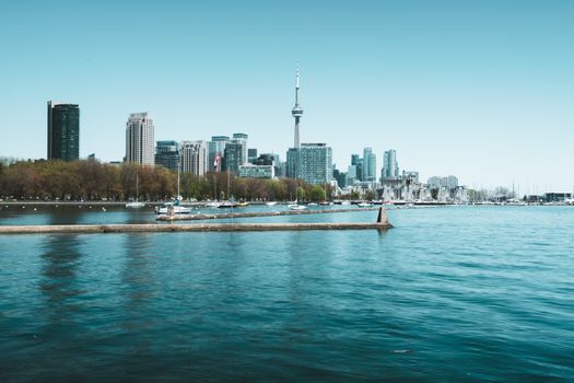 A scenic view of Toronto's skyline featuring the CN Tower and surrounding skyscrapers from across Lake Ontario.