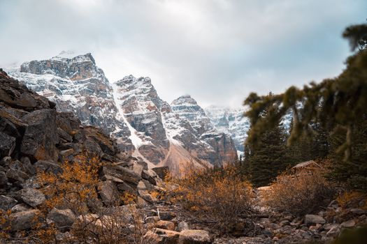 A stunning winter view of snow-capped peaks in the Rocky Mountains, surrounded by rugged terrain and foliage.