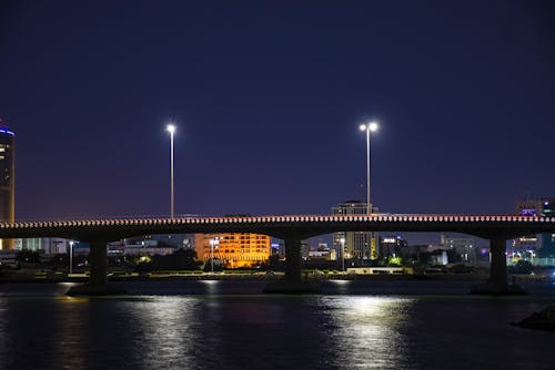 Bridge over Water During Night Time Near the City