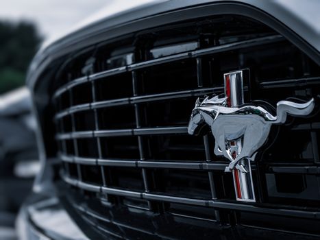 Detailed view of the chrome emblem on a classic car's front grille, showcasing iconic design.