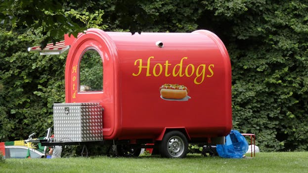 A bright red retro hotdog trailer parked outdoors in a lush, green park setting.