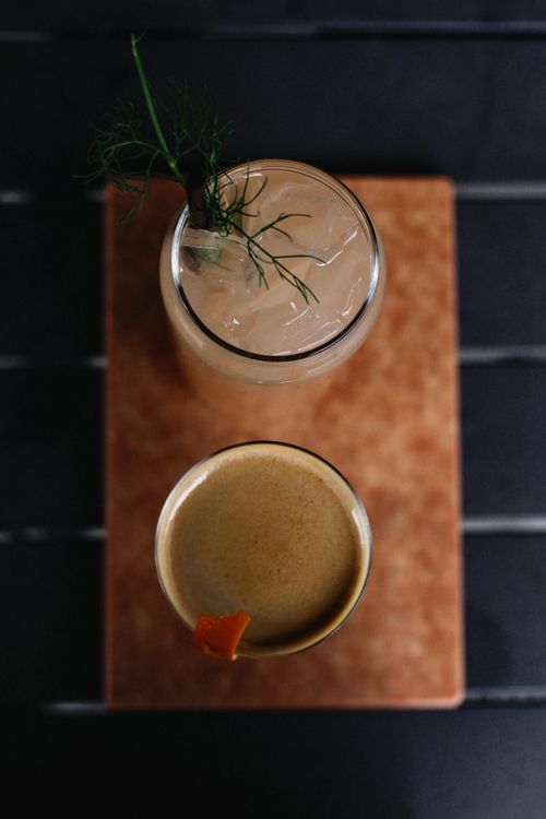 Free Stylish top view of a coffee and cocktail arrangement against a dark backdrop. Perfect for gourmet themes. Stock Photo