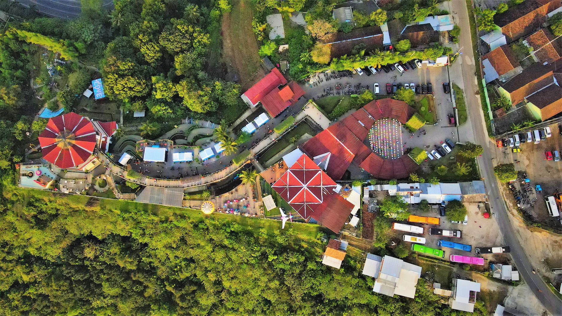 Stunning aerial view of an urban park and buildings in Yogyakarta, Indonesia.