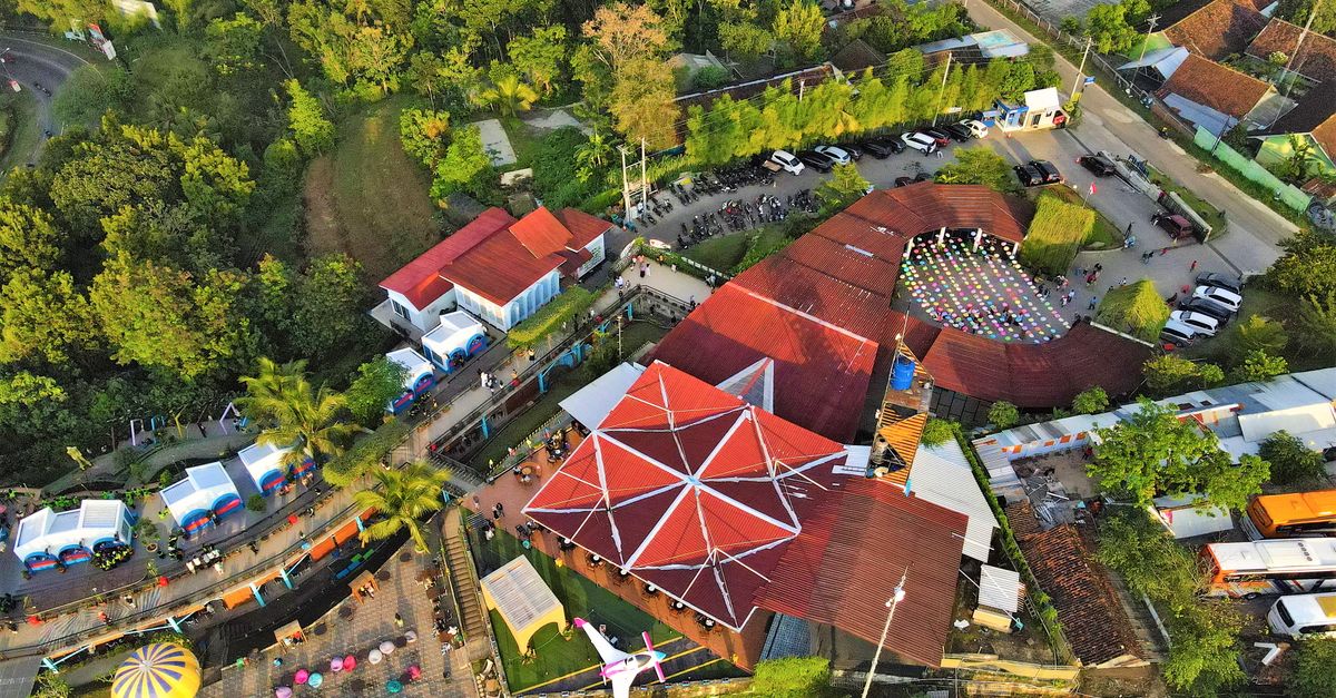 Vibrant aerial view of a tourist site in Yogyakarta, Indonesia, showcasing colorful roofs and lush greenery.