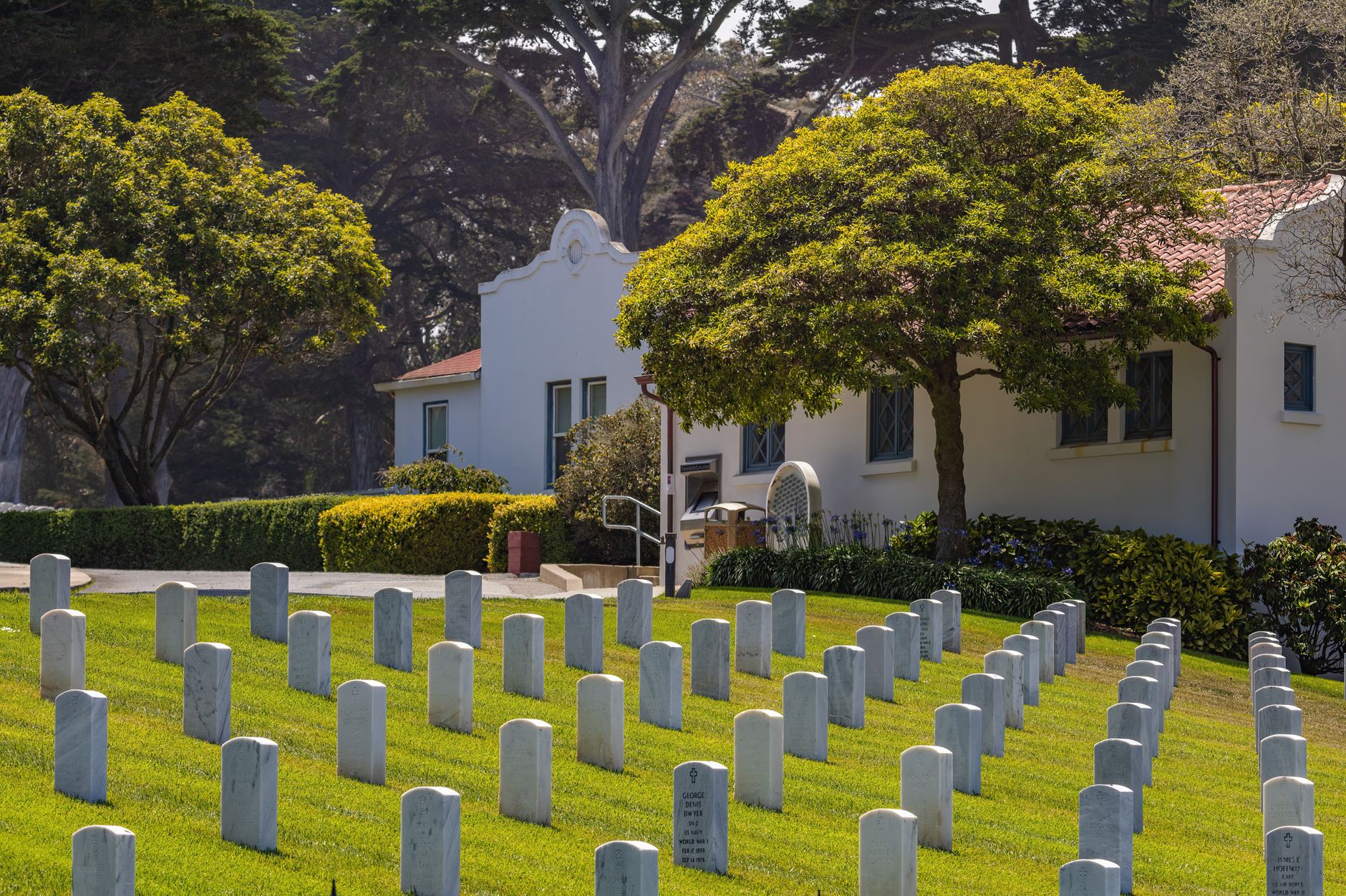 Serene view of a military cemetery with white headstones, lush green lawn, and trees under a sunny sky.