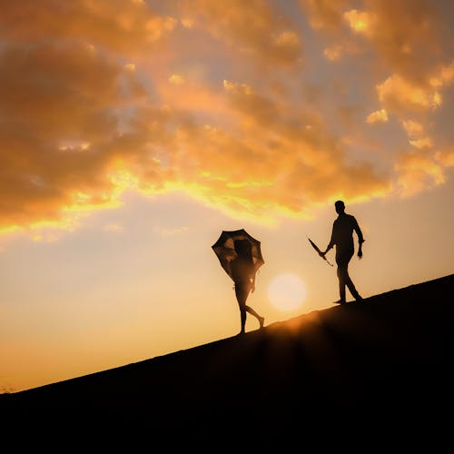 Silhouette of 2 Men Walking on Hill during Sunset