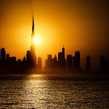 Stunning sunset view of Dubai skyline featuring the iconic Burj Khalifa silhouetted against the golden sky.