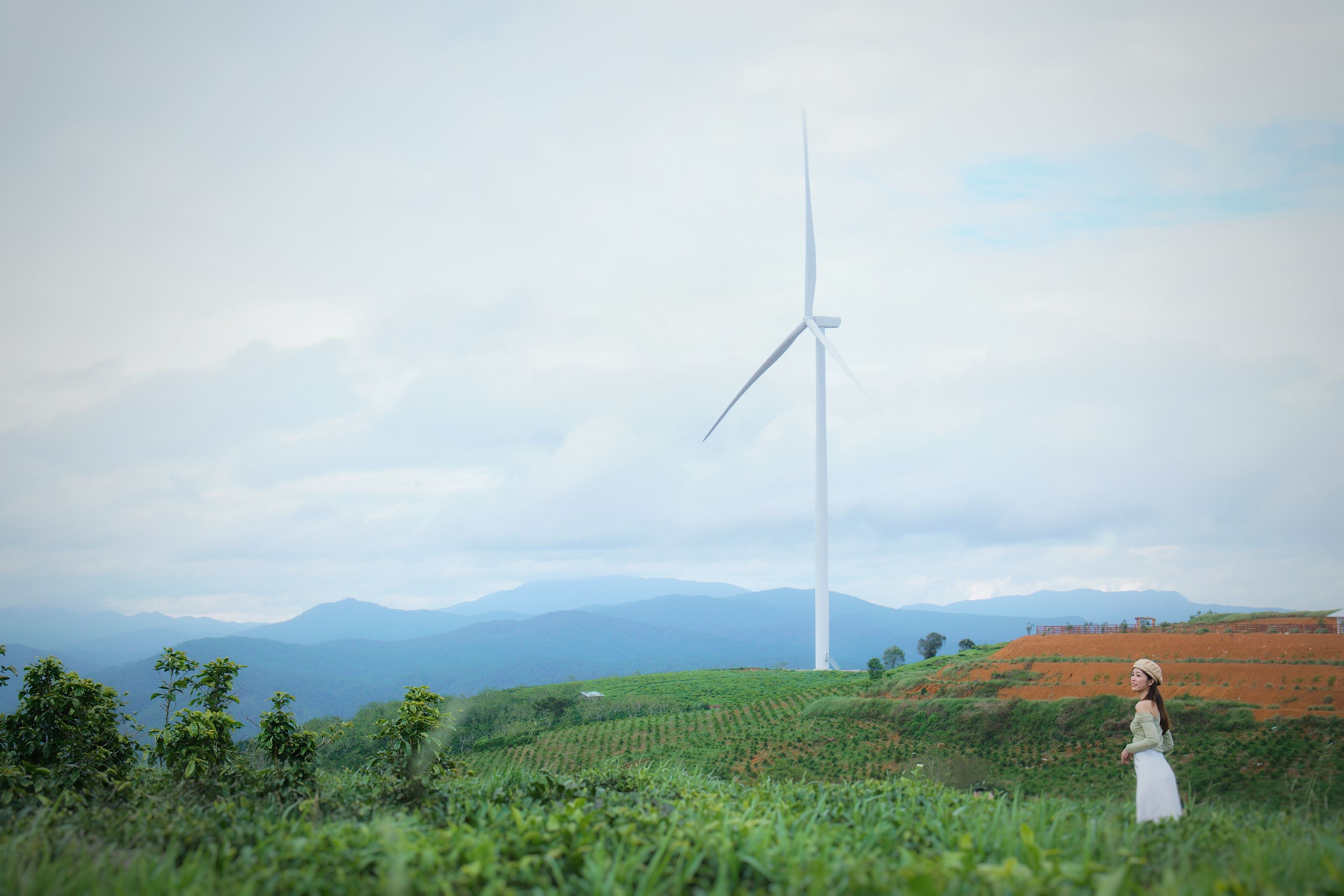 A woman stands in a vibrant green field near a wind turbine, symbolizing renewable energy and natural beauty.