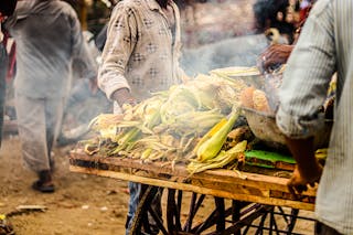People Cooking Corncobs on Street Market