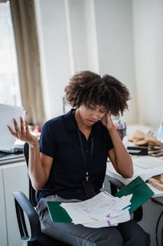 A frustrated woman reads papers at her cluttered office desk, expressing stress.