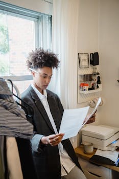 Young woman standing by a window, reviewing papers in a small office space.