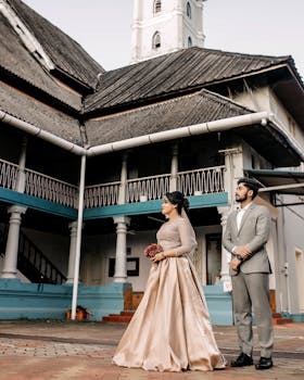 Bride and groom in front of a historic building showcasing timeless elegance and cultural architecture.