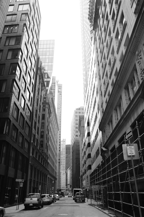 Grayscale Photo of High Rise Buildings in the City