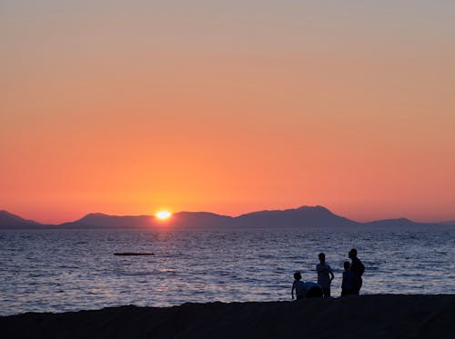 Silhouette of People Standing on Seashore during Sunset