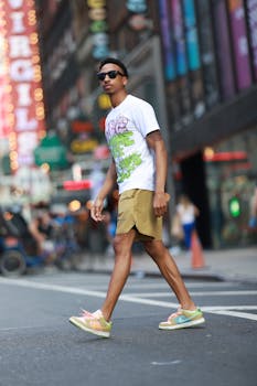 Fashionable adult male walking confidently in a busy urban street, showcasing casual style.
