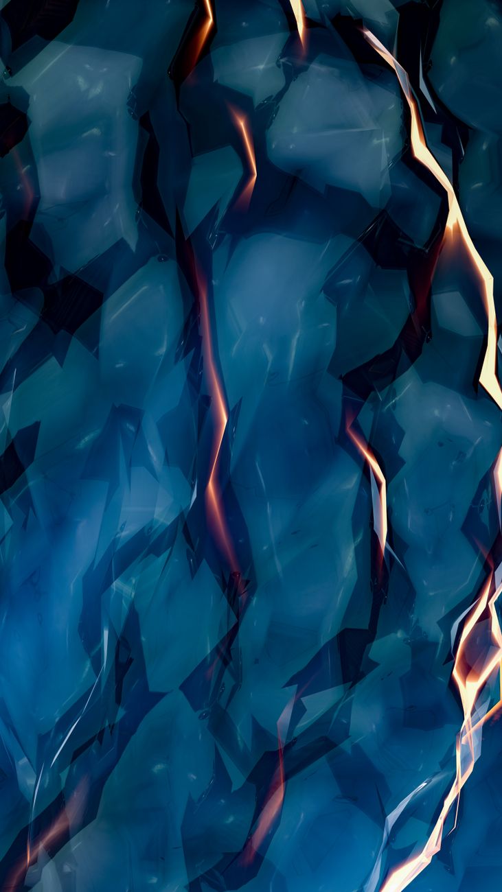 Vivid abstract art featuring sharp geometric shapes in blue and orange tones with a sense of motion.