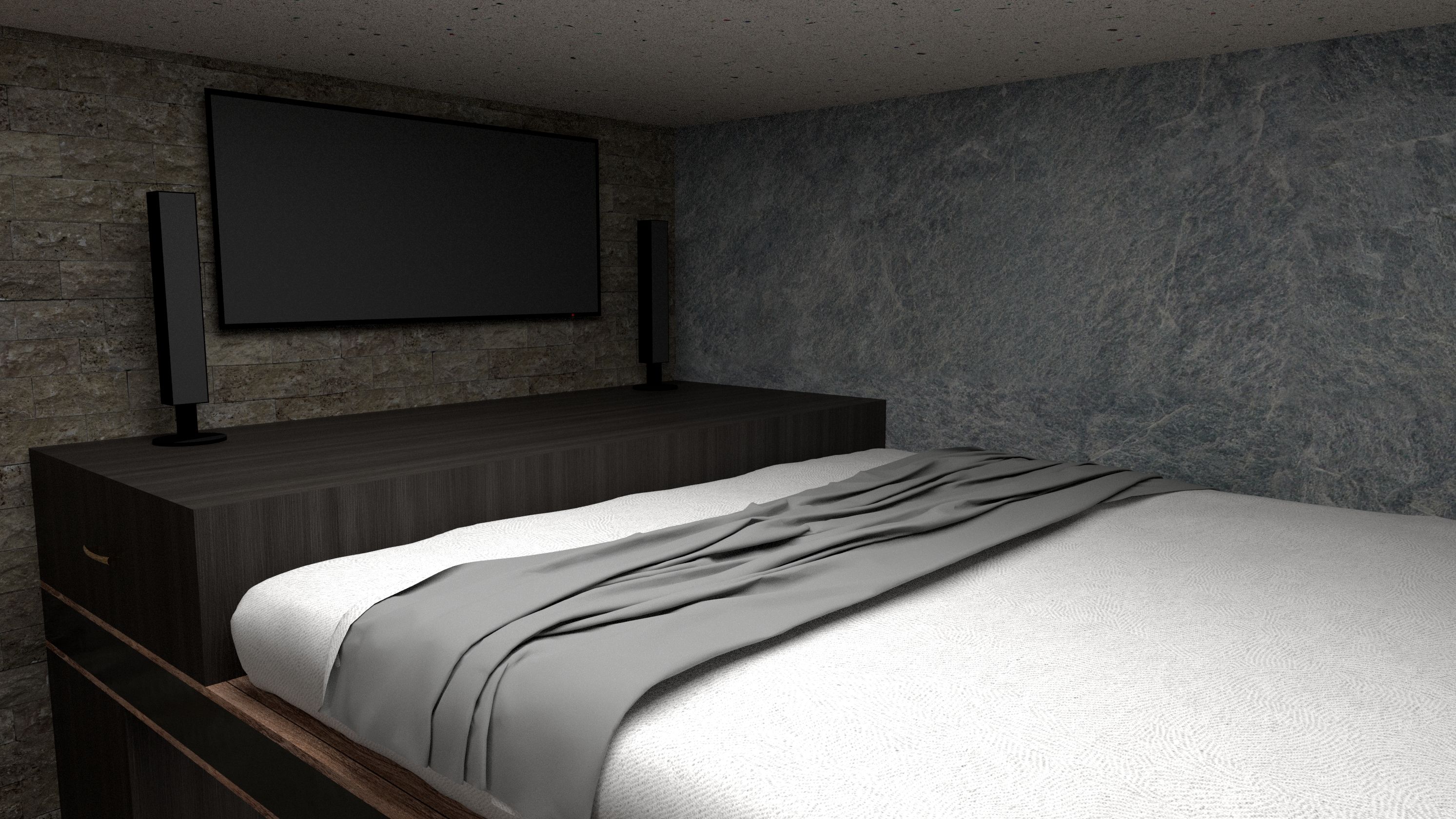 Contemporary bedroom featuring a sleek TV setup, elegant speakers, and minimalist design elements.