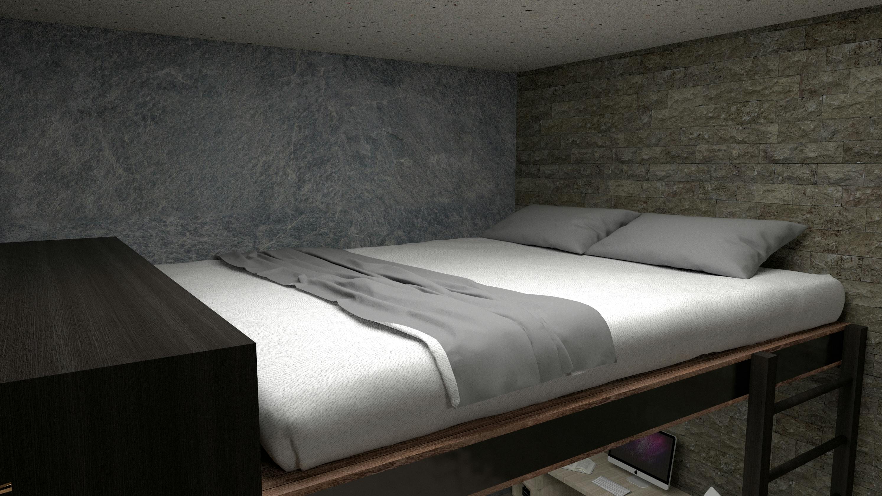 Modernes Jugendzimmer mit Hochbett, Schreibtisch darunter und ruhiger hellgrauer Farbpalette