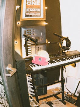 Vertical shot of a music studio featuring an electric piano, microphone, and sound equipment.