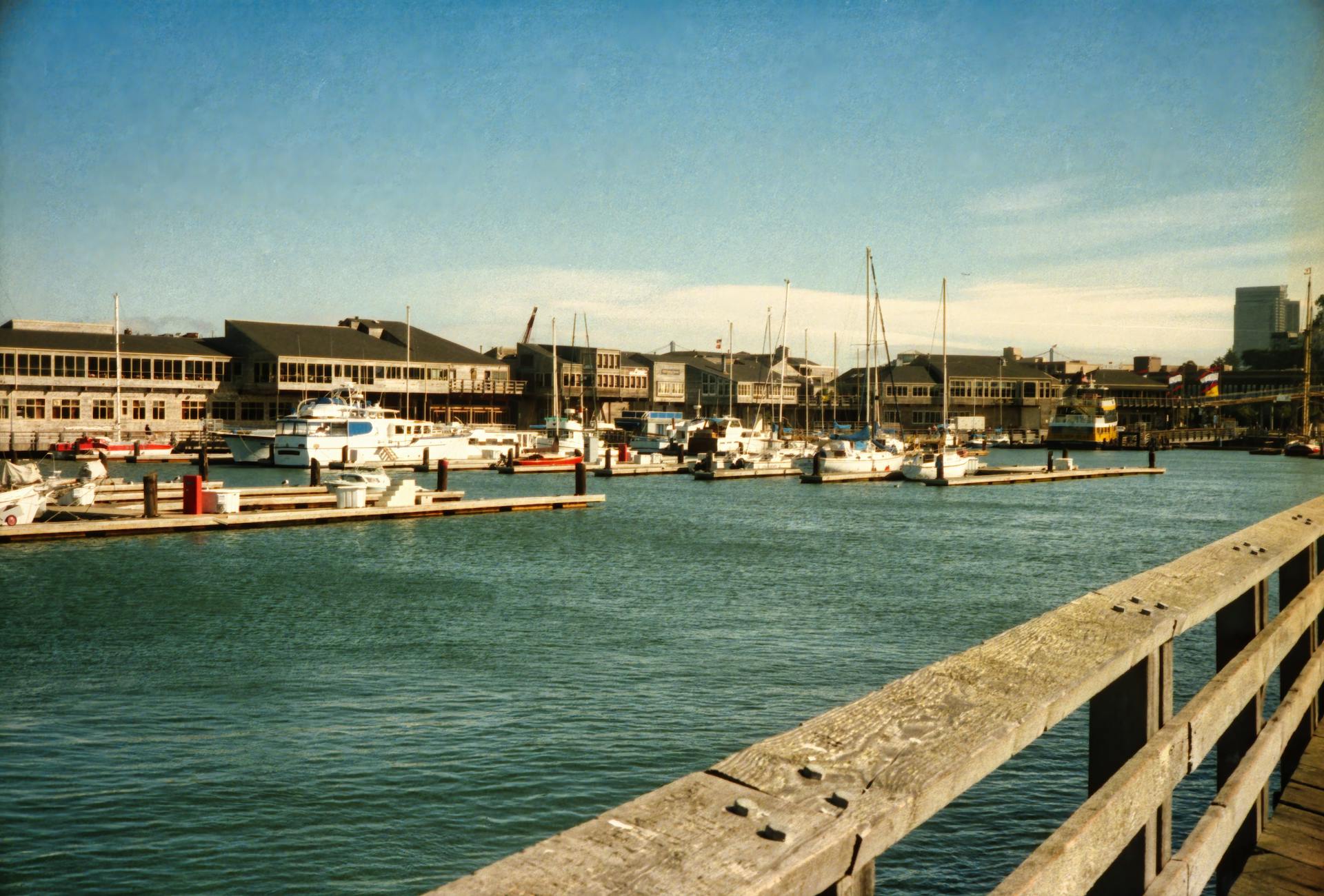 Tranquil marina in San Francisco with boats docked under a clear blue sky.