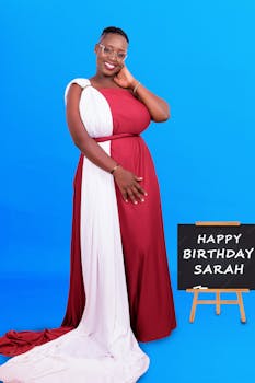 African American woman in red dress celebrating birthday with joyful smile in studio.