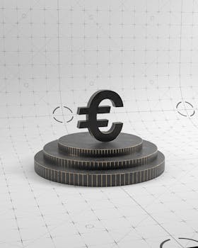 3D conceptual render of the Euro symbol on a multi-tiered podium with copy space.