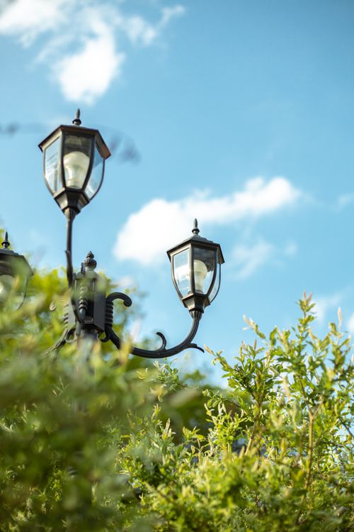 Free A classic black street lamp surrounded by green leaves under a blue sky with clouds. Stock Photo