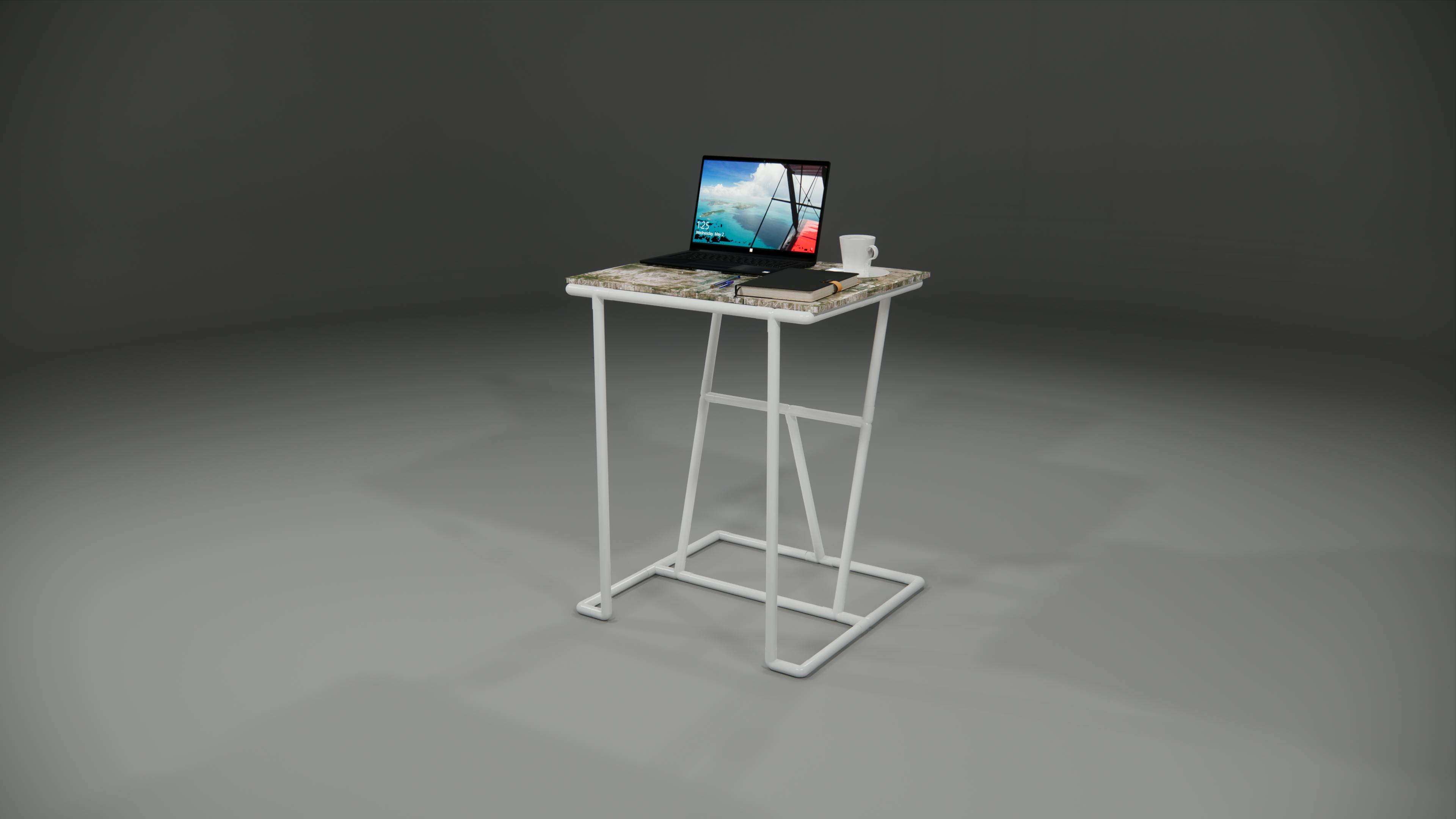 Person using a compact, modern foldable table with adjustable height and back support
