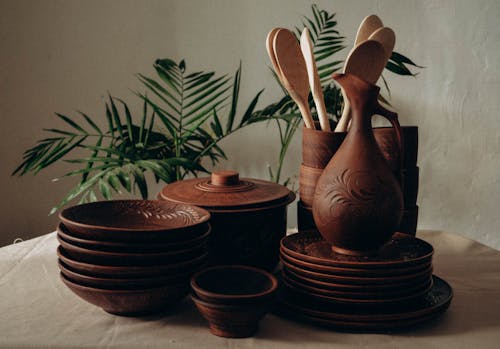 Set of Clay Tableware on Table