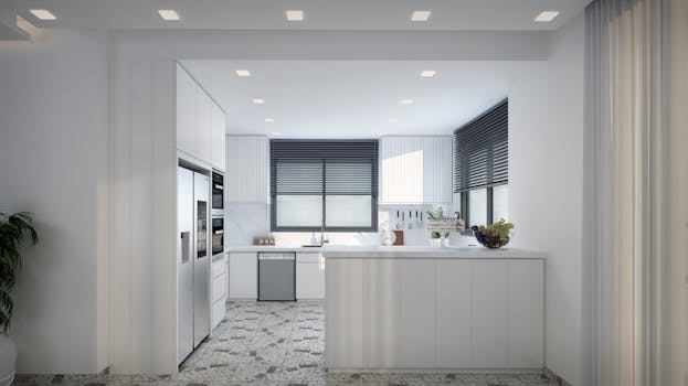 Sleek minimalist kitchen with white cabinetry and marble accents.