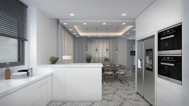 Sleek minimalist kitchen with white cabinetry and built-in stainless steel appliances.