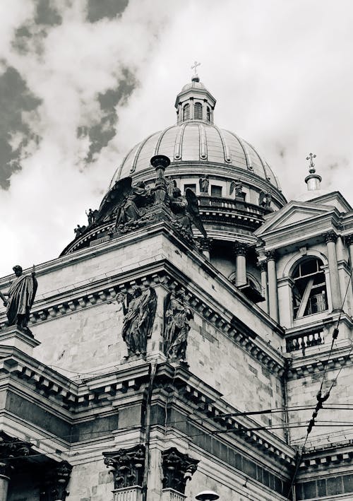 Low Angle Grayscale Shot of St. Isaac's Cathedral