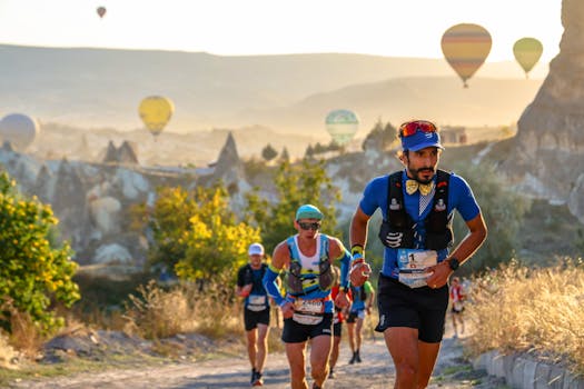 Runners competing in a marathon on a dirt road in Cappadocia with hot air balloons in the background.