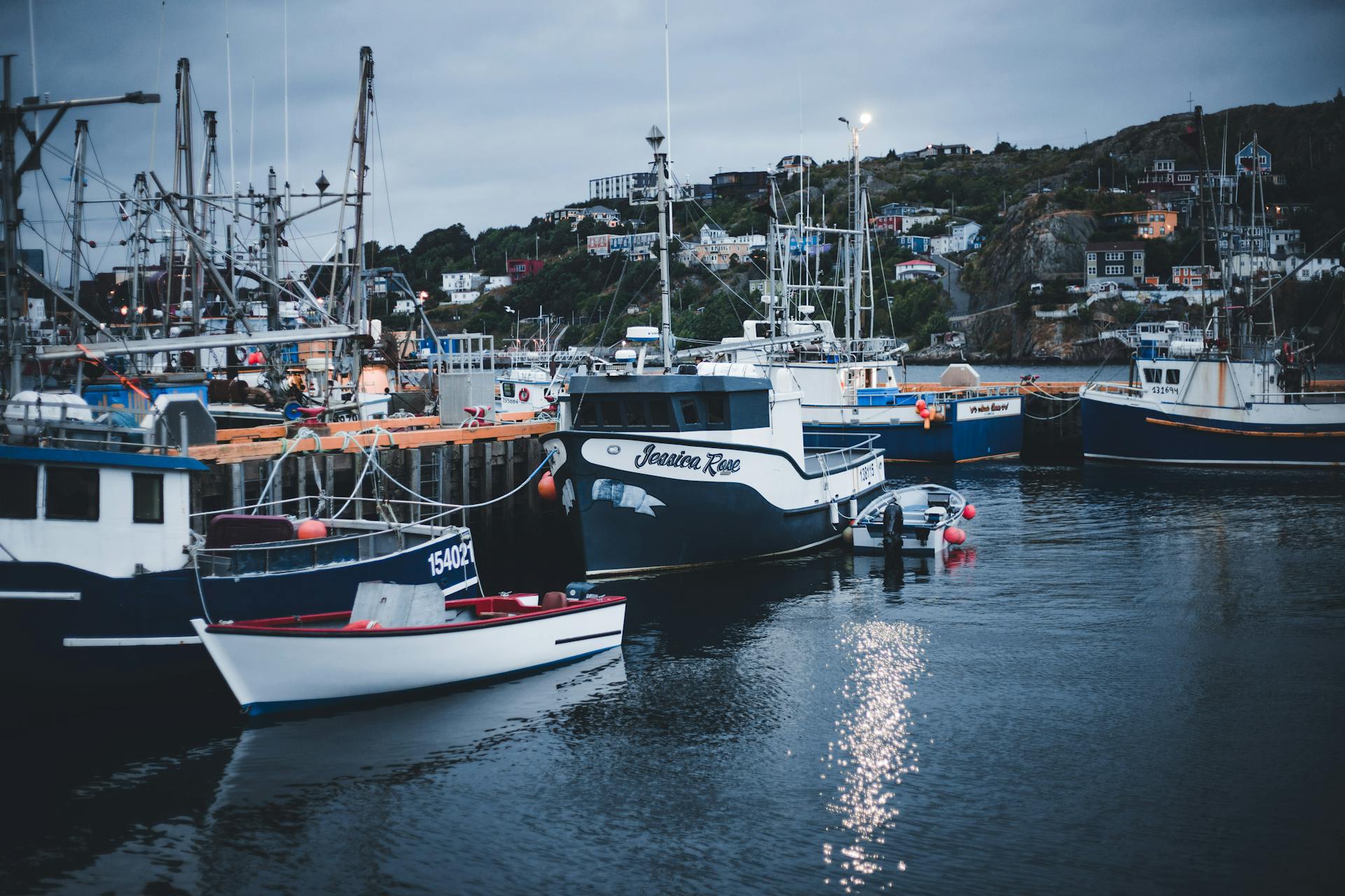 A serene harbor scene with fishing boats docked under an overcast sky, reflecting upon calm waters.