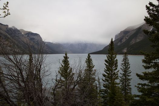 Calm lake view with forested mountains and clouds in Banff National Park, Alberta.