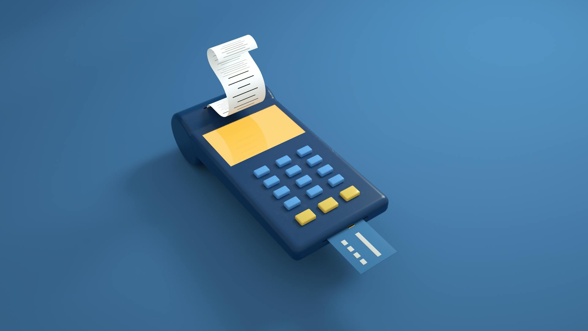 A blue card reader with a receipt printout and inserted card on a blue background.