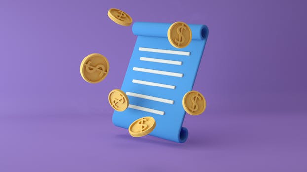 3D rendering of dollar coins and scroll on a purple background, symbolizing financial documents.