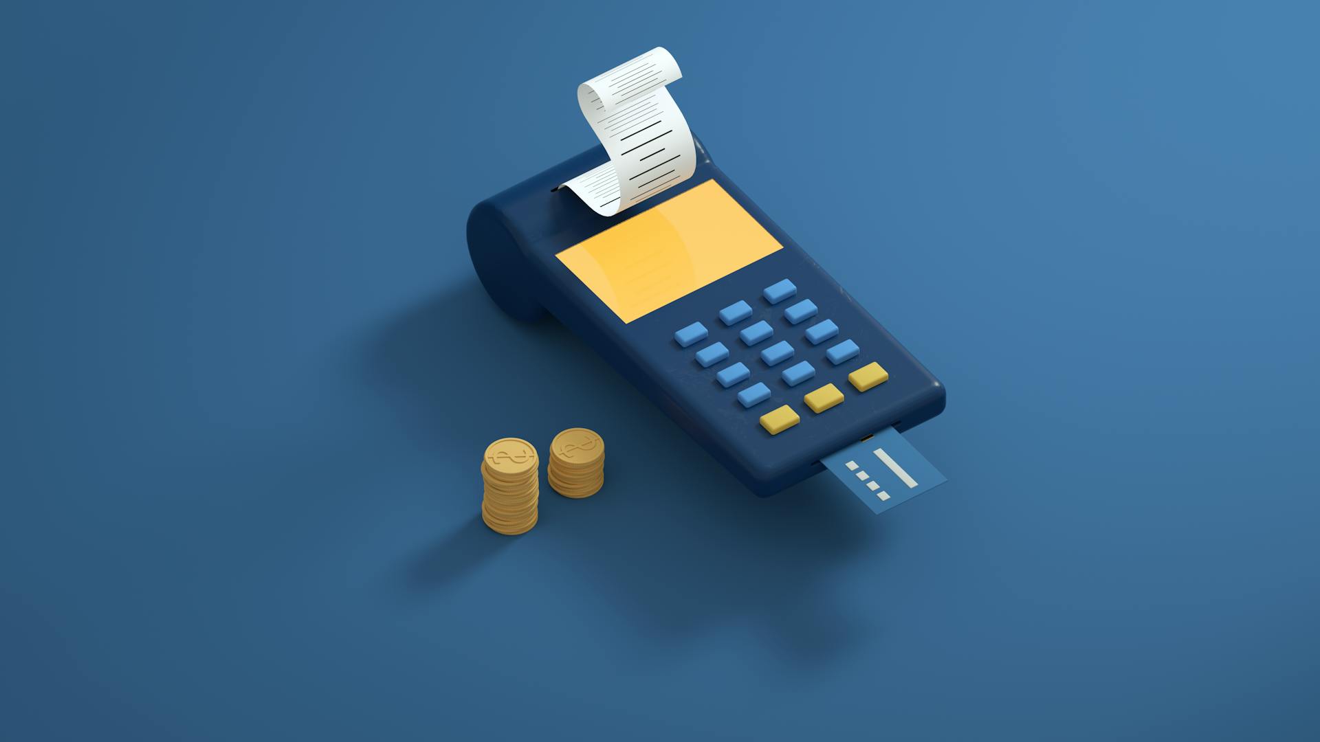 Blue payment terminal with receipt and gold coins on a blue background, symbolizing modern transactions.