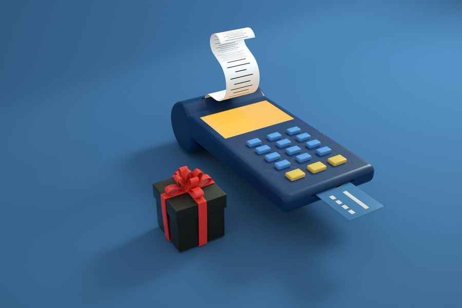 A conceptual illustration of a gift box and payment terminal, symbolizing shopping and transactions.