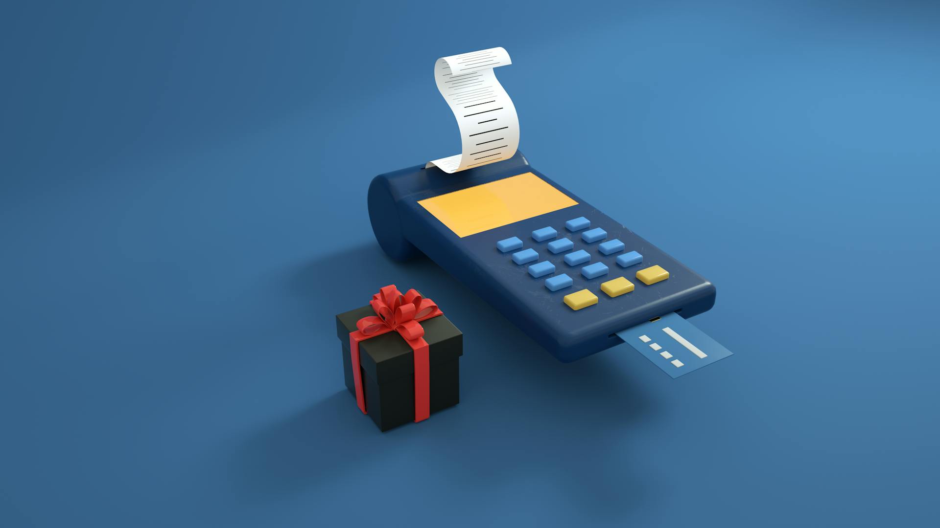 A conceptual illustration of a gift box and payment terminal, symbolizing shopping and transactions.