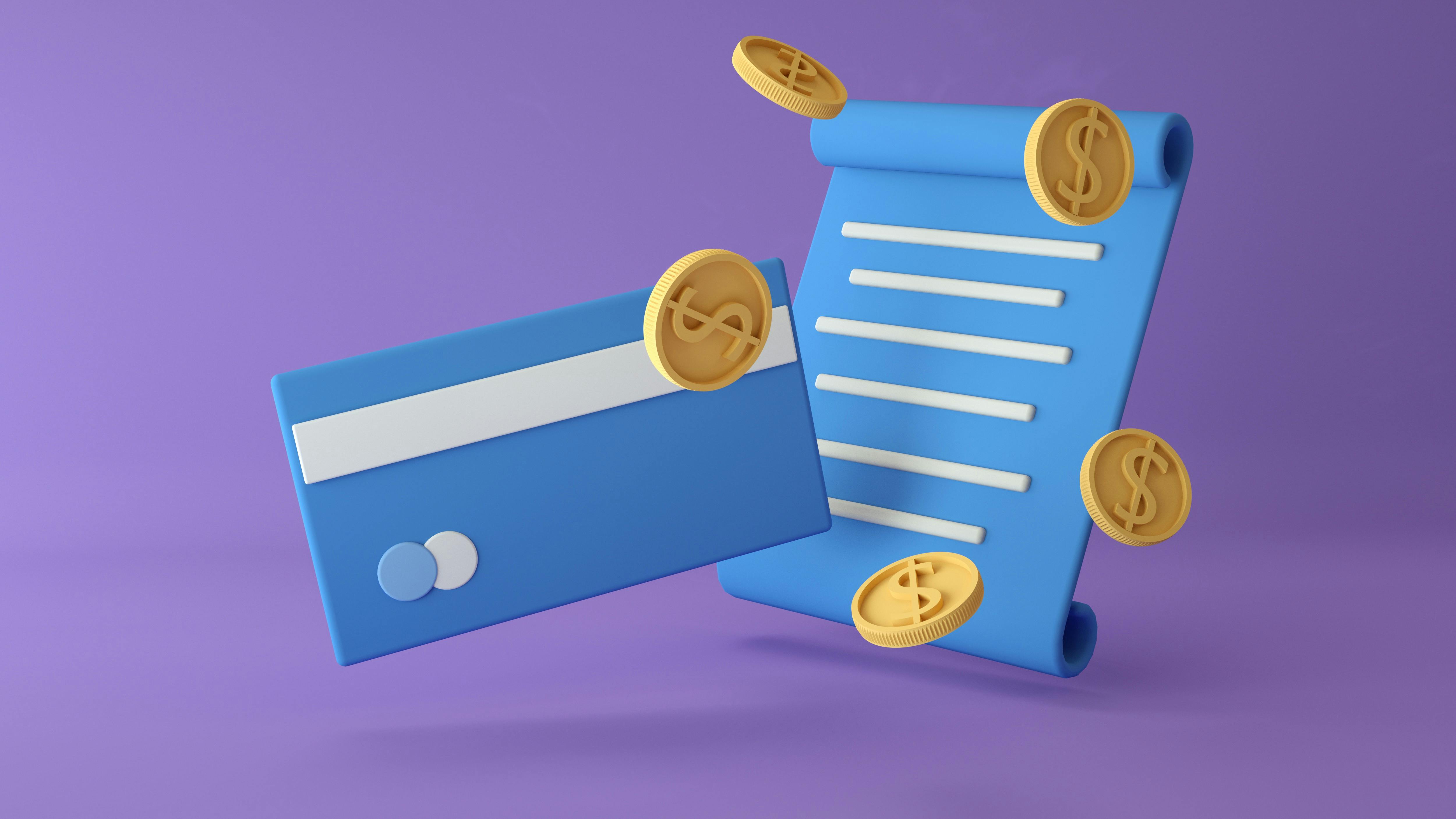 3D rendered illustration of a credit card, coins, and contract on a purple background.