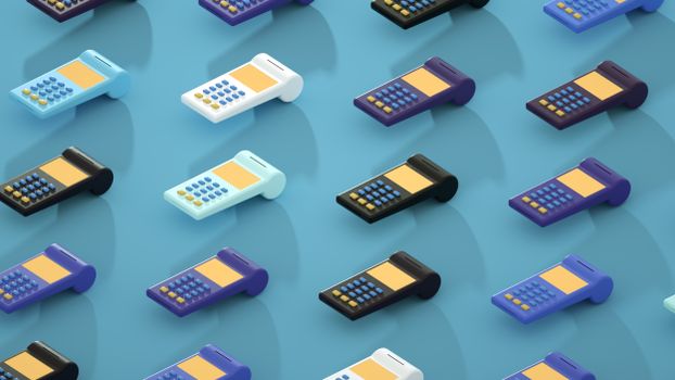Pattern of colorful calculators on a blue background representing design and finance.