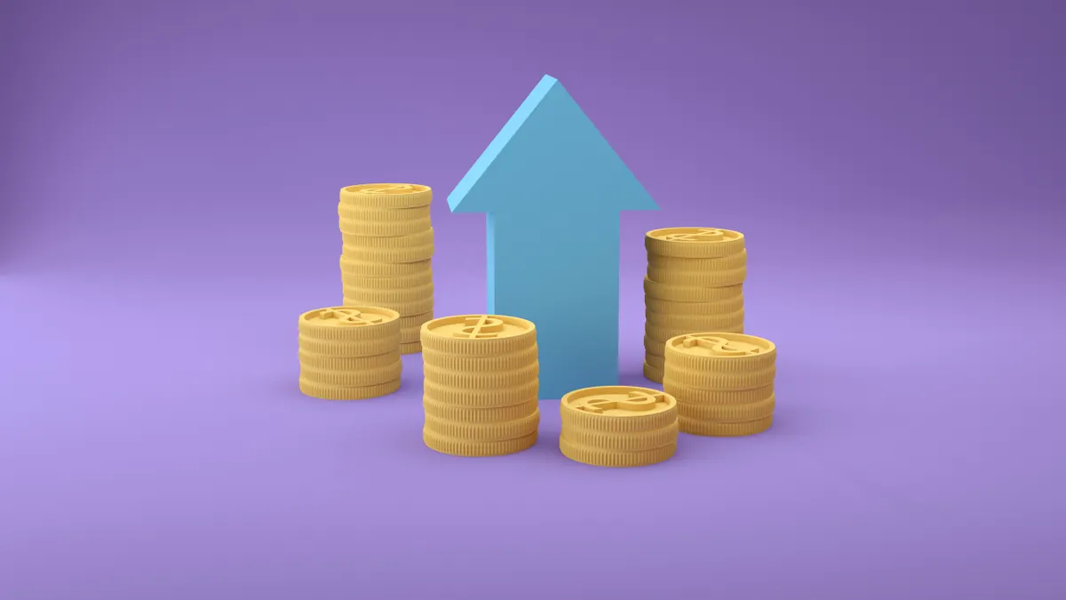 Blue arrow pointing up behind stacks of gold coins, representing the cost of premium seo content writing software.