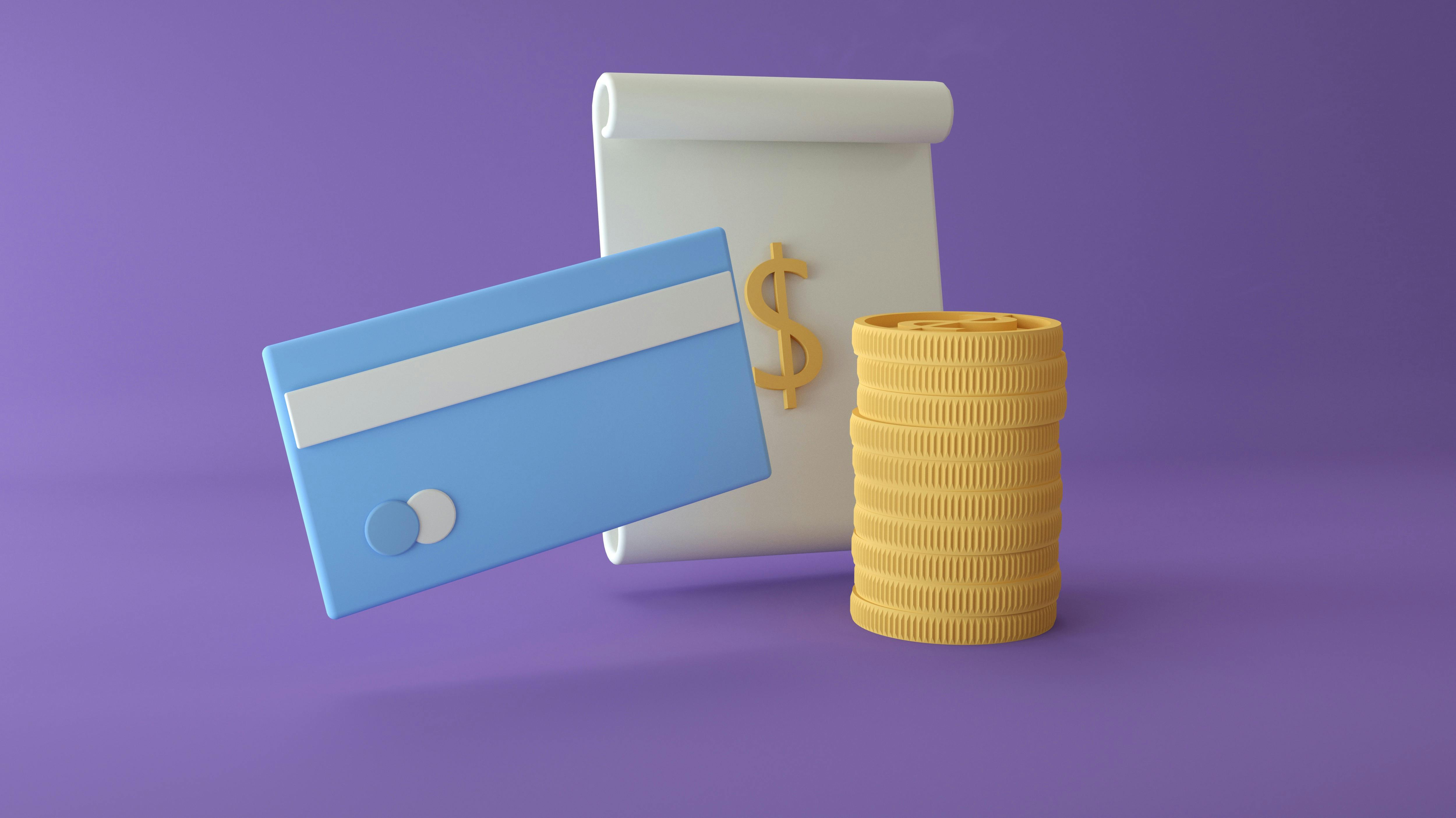 3D illustration of a credit card, coins, and dollar sign on a purple background. Ideal for finance themes.