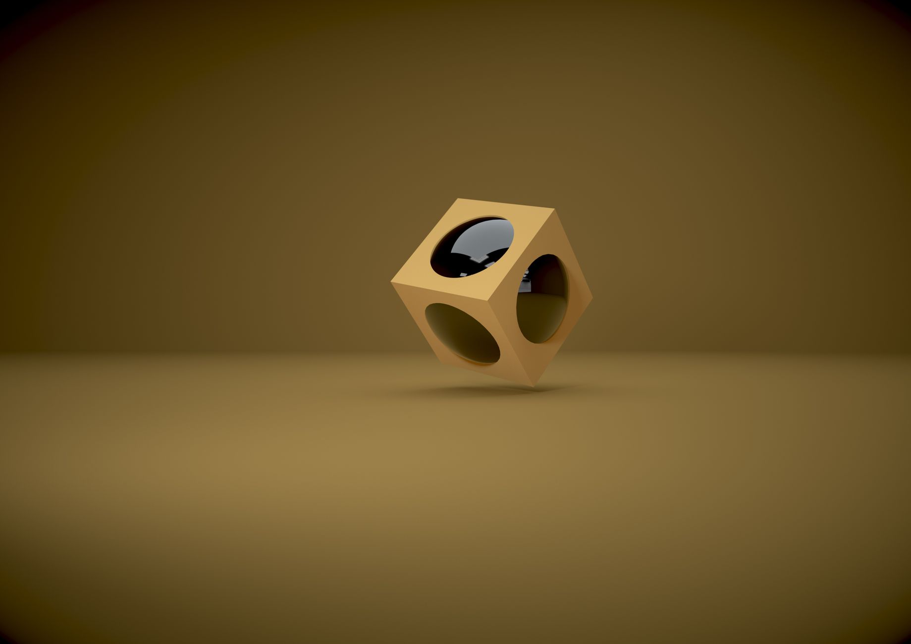 Geometric cube with reflective surface suspended against a brown backdrop, creating a conceptual still life image.