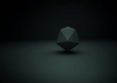 A dark geometric polyhedron set in a dimly lit minimalist space with deep shadows.
