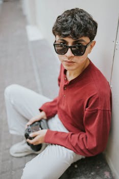 Stylish young man with sunglasses holding a camera, sitting in a casual urban environment.