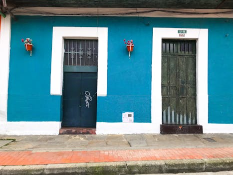 哥伦比亚波哥大有一栋色彩缤纷的蓝色建筑立面，配有木门、花盆和城市人行道