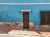 波哥大色彩缤纷的立面，棕色的门和蓝色的墙壁，捕捉了城市的魅力和建筑设计的精髓